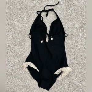 Shay Todd Swim One Piece - Lace Swimwear, (Black/White, Large) Made in USA -RARE